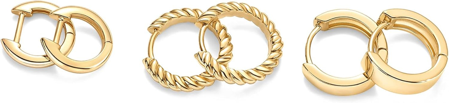14K-18K Yellow Gold Plated Sterling Silver Posts Three Pairs Small Hoop Earrings for Women - Statement Gold Hoop Earrings Set - Cubic Zirconia Rope Teardrop Chunky Huggie Earscape Piercings
