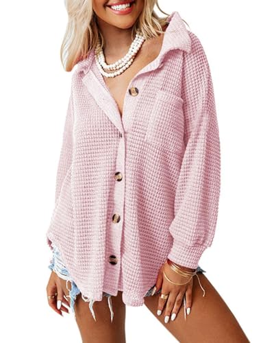 Dokotoo Womens Waffle Knit Shacket Jacket Casual Long Sleeve Button Down Shirts Dressy Blouses Tops
