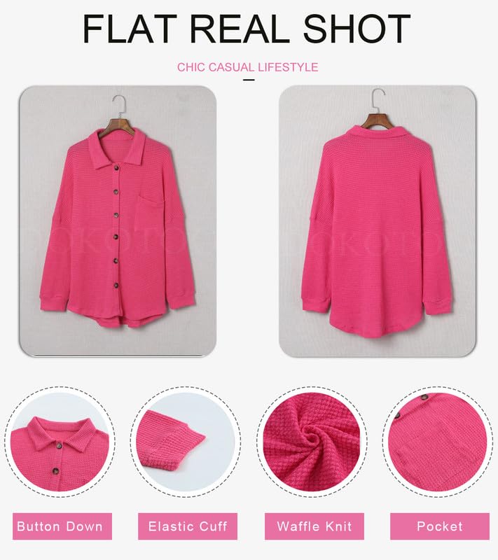 Dokotoo Womens Waffle Knit Shacket Jacket Casual Long Sleeve Button Down Shirts Dressy Blouses Tops