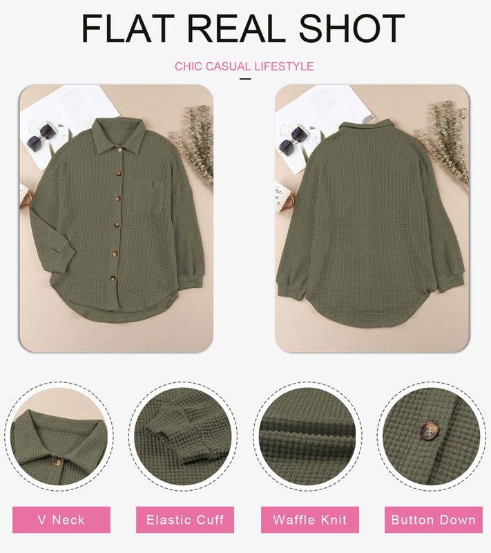 Dokotoo Womens Waffle Knit Shacket Jacket Casual Long Sleeve Button Down Shirts Dressy Blouses Tops