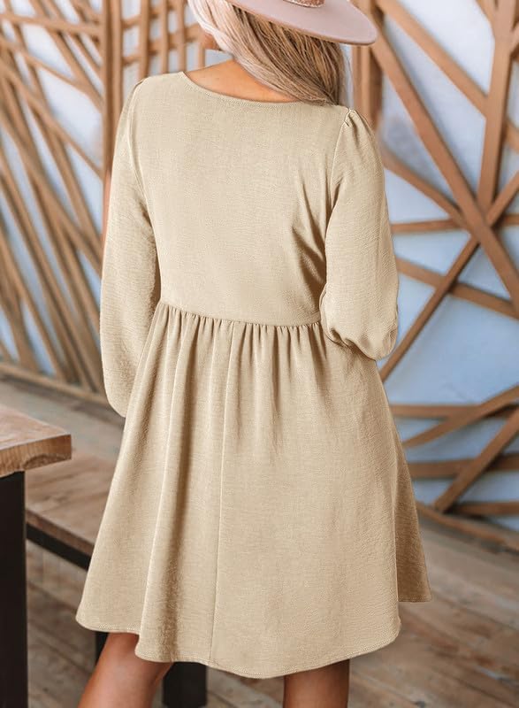 Dokotoo Womens 2025 Casual Dresses Smocked Crewneck Button Up Long Sleeve Empire Waist A-Line Mini Dress