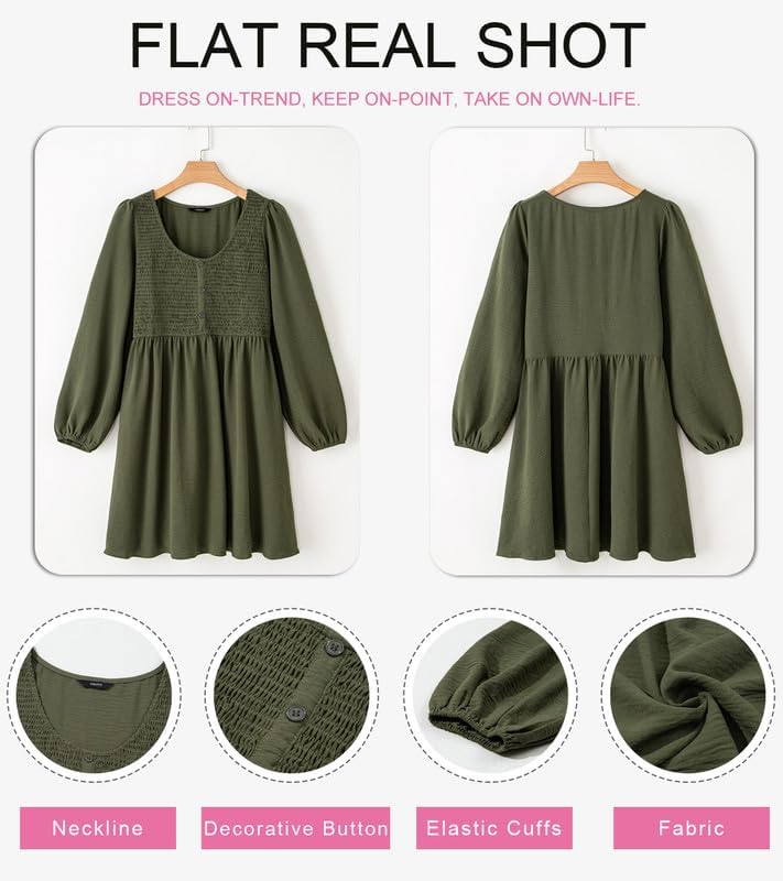 Dokotoo Womens 2025 Casual Dresses Smocked Crewneck Button Up Long Sleeve Empire Waist A-Line Mini Dress