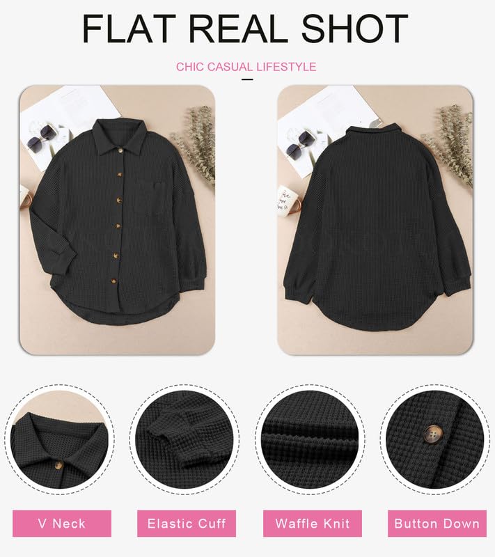 Dokotoo Womens Waffle Knit Shacket Jacket Casual Long Sleeve Button Down Shirts Dressy Blouses Tops