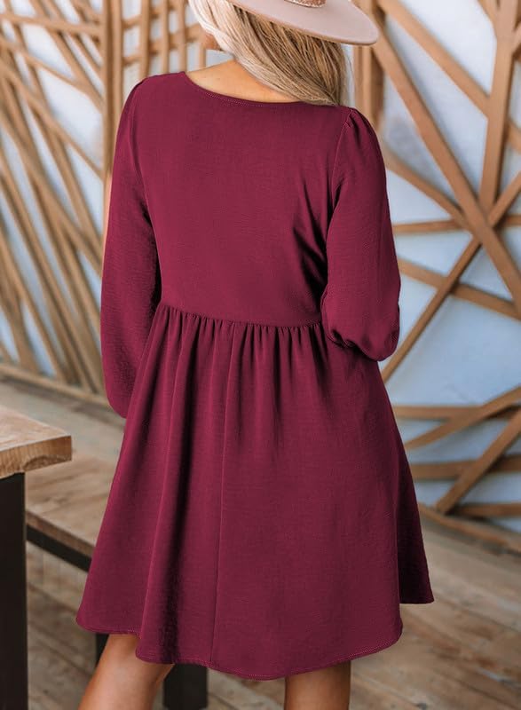 Dokotoo Womens 2025 Casual Dresses Smocked Crewneck Button Up Long Sleeve Empire Waist A-Line Mini Dress