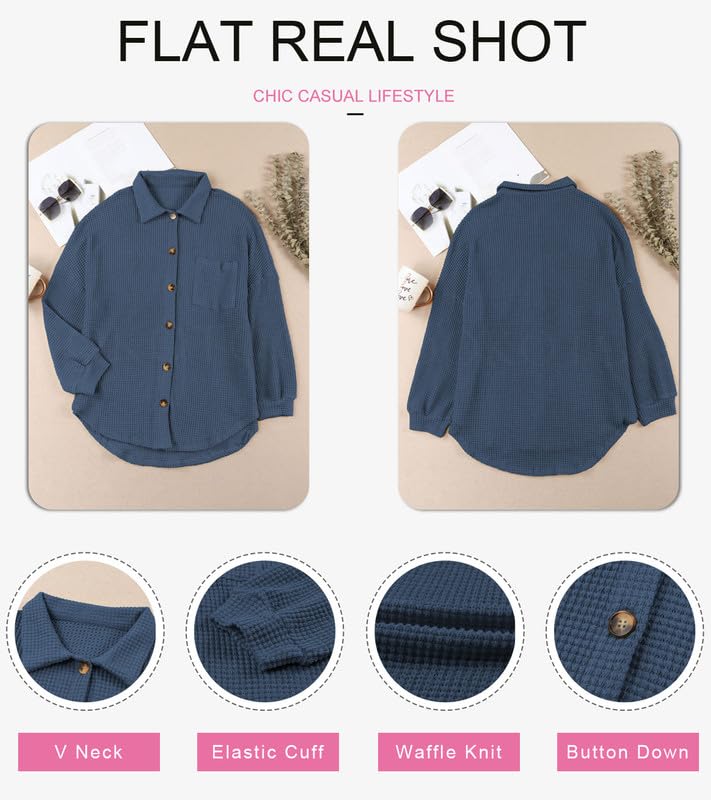 Dokotoo Womens Waffle Knit Shacket Jacket Casual Long Sleeve Button Down Shirts Dressy Blouses Tops