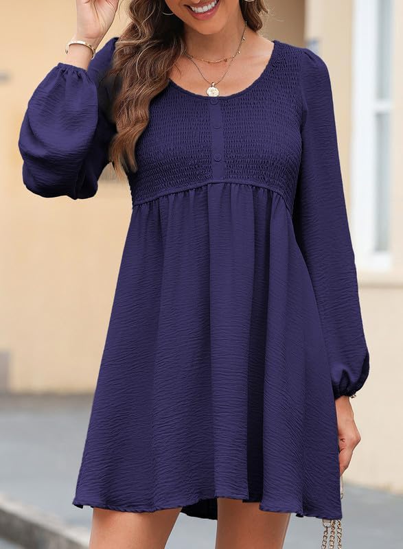Dokotoo Womens 2025 Casual Dresses Smocked Crewneck Button Up Long Sleeve Empire Waist A-Line Mini Dress