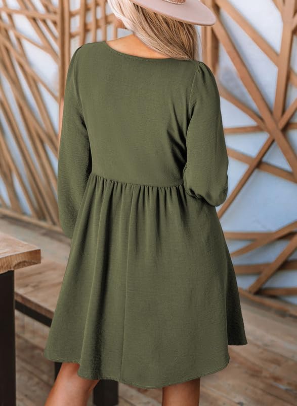 Dokotoo Womens 2025 Casual Dresses Smocked Crewneck Button Up Long Sleeve Empire Waist A-Line Mini Dress