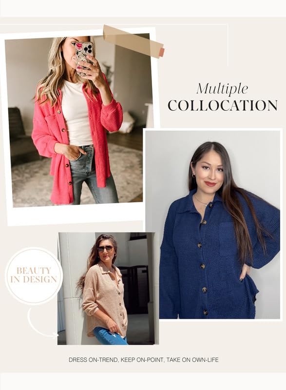 Dokotoo Womens Waffle Knit Shacket Jacket Casual Long Sleeve Button Down Shirts Dressy Blouses Tops