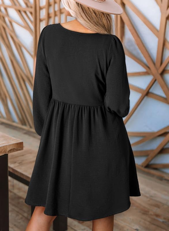 Dokotoo Womens 2025 Casual Dresses Smocked Crewneck Button Up Long Sleeve Empire Waist A-Line Mini Dress