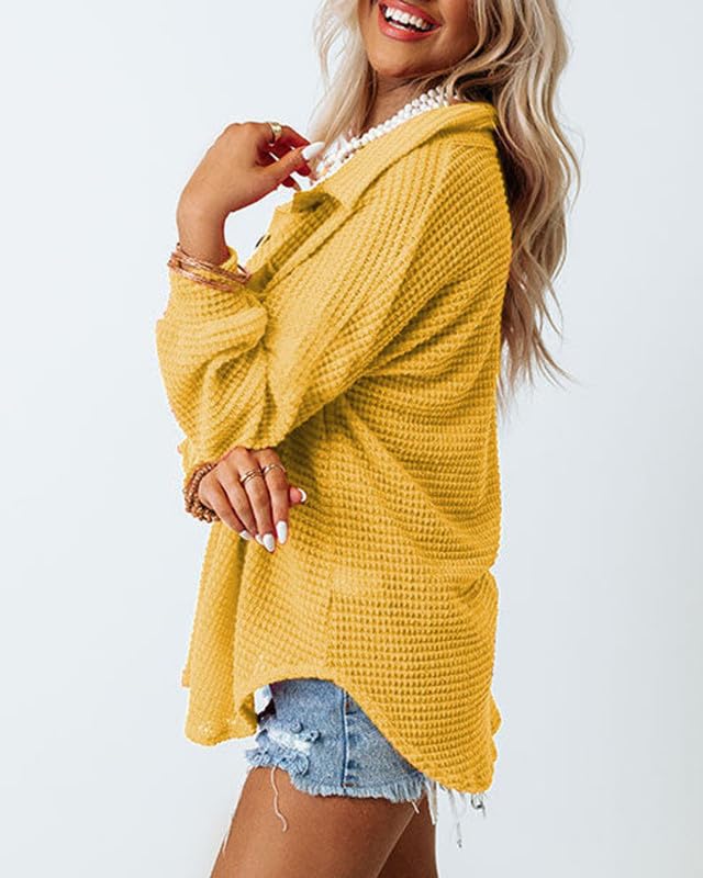 Dokotoo Womens Waffle Knit Shacket Jacket Casual Long Sleeve Button Down Shirts Dressy Blouses Tops