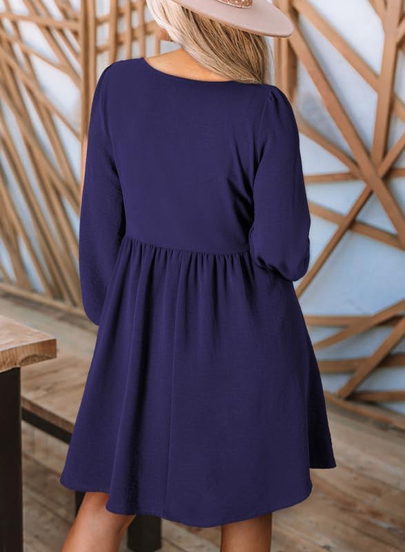 Dokotoo Womens 2025 Casual Dresses Smocked Crewneck Button Up Long Sleeve Empire Waist A-Line Mini Dress