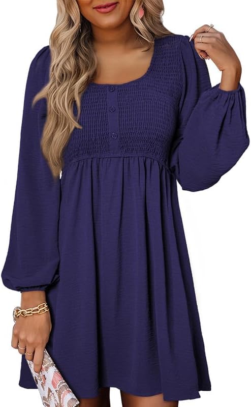 Dokotoo Womens 2025 Casual Dresses Smocked Crewneck Button Up Long Sleeve Empire Waist A-Line Mini Dress
