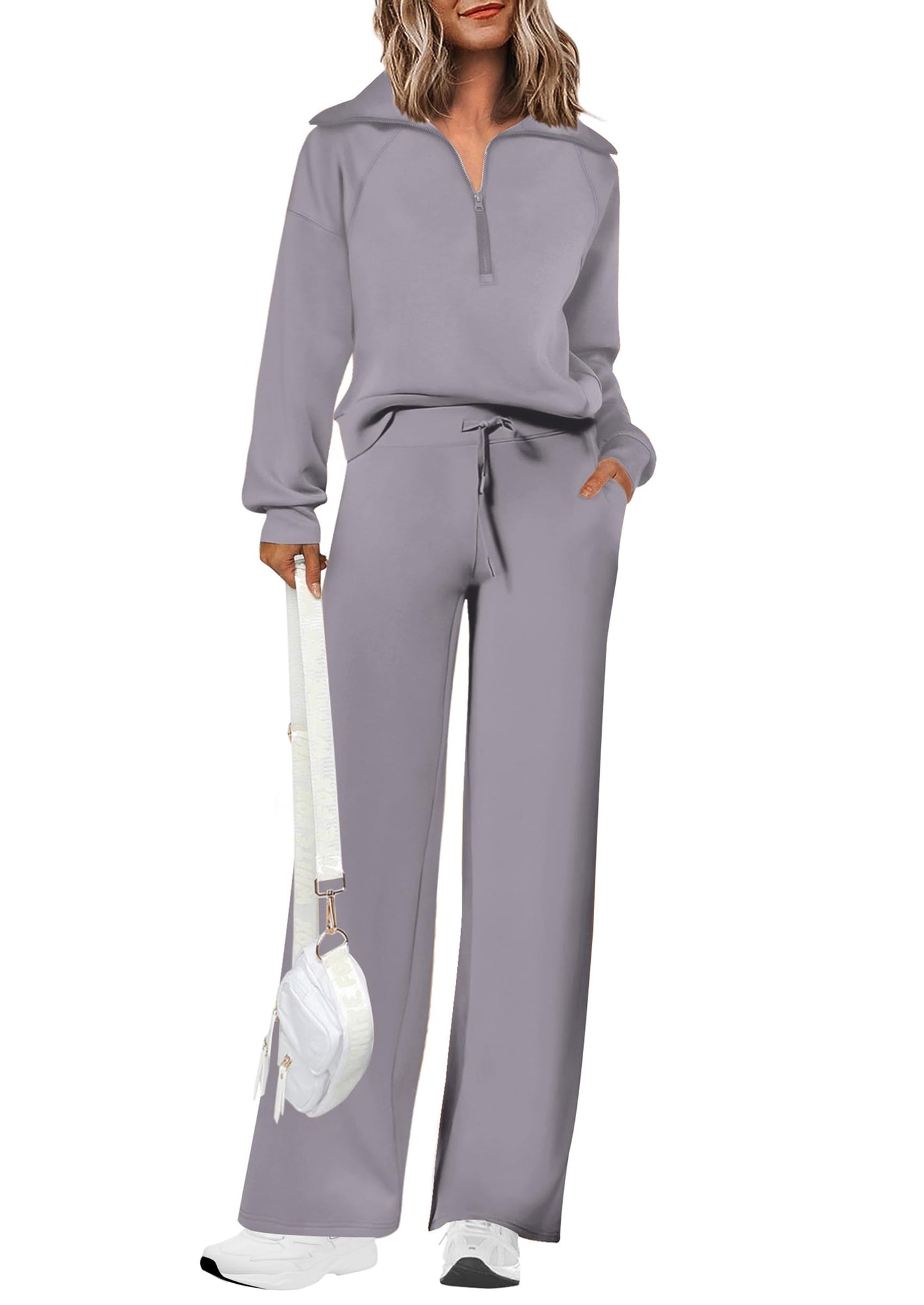 PRETTYGARDEN Women's 2 Piece Outfits Casual Lapel Half Zip Sweatshirts And Wide Leg Pants Tracksuit Sets