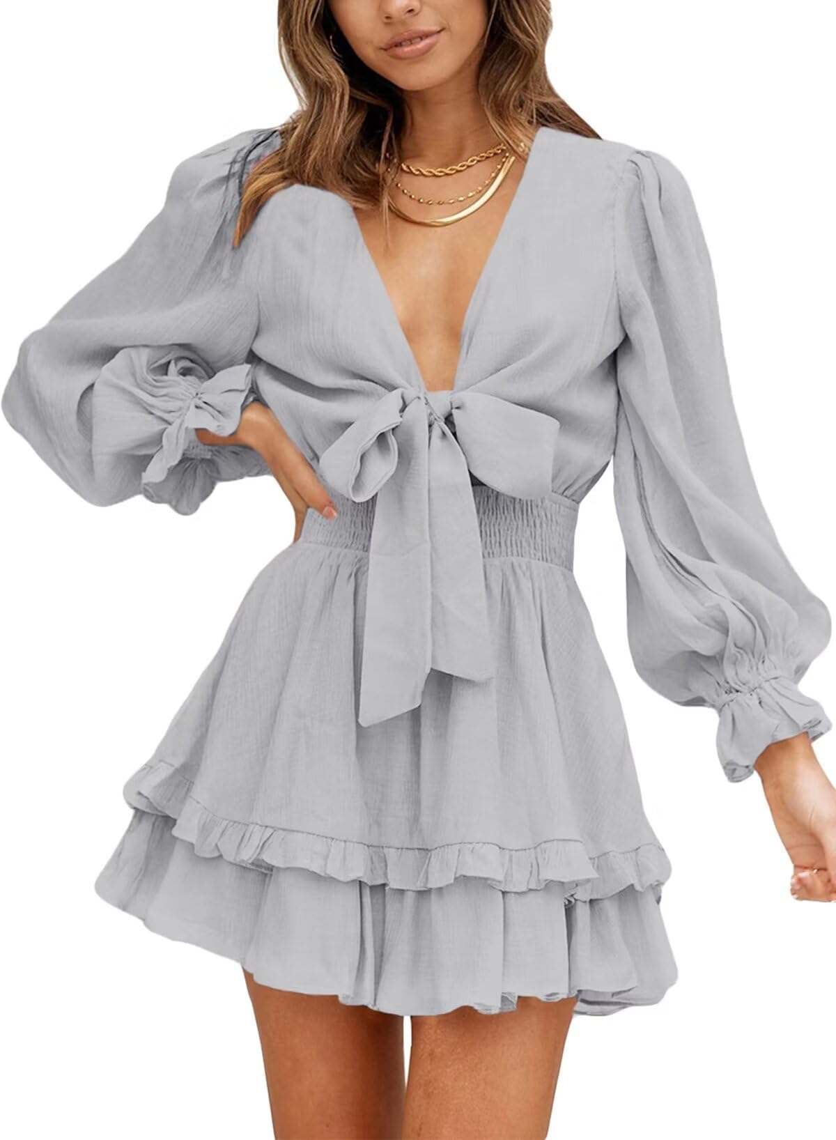 Dokotoo Womens Casual Spring Fall 2025 Deep V Neck Knotted Tiered Chiffon Elegant Mini Short Swing Skater Dresses