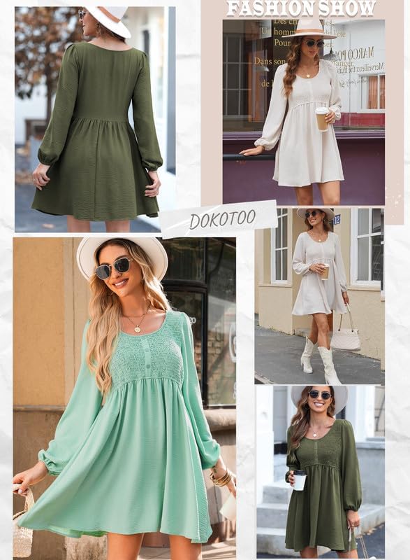 Dokotoo Womens 2025 Casual Dresses Smocked Crewneck Button Up Long Sleeve Empire Waist A-Line Mini Dress