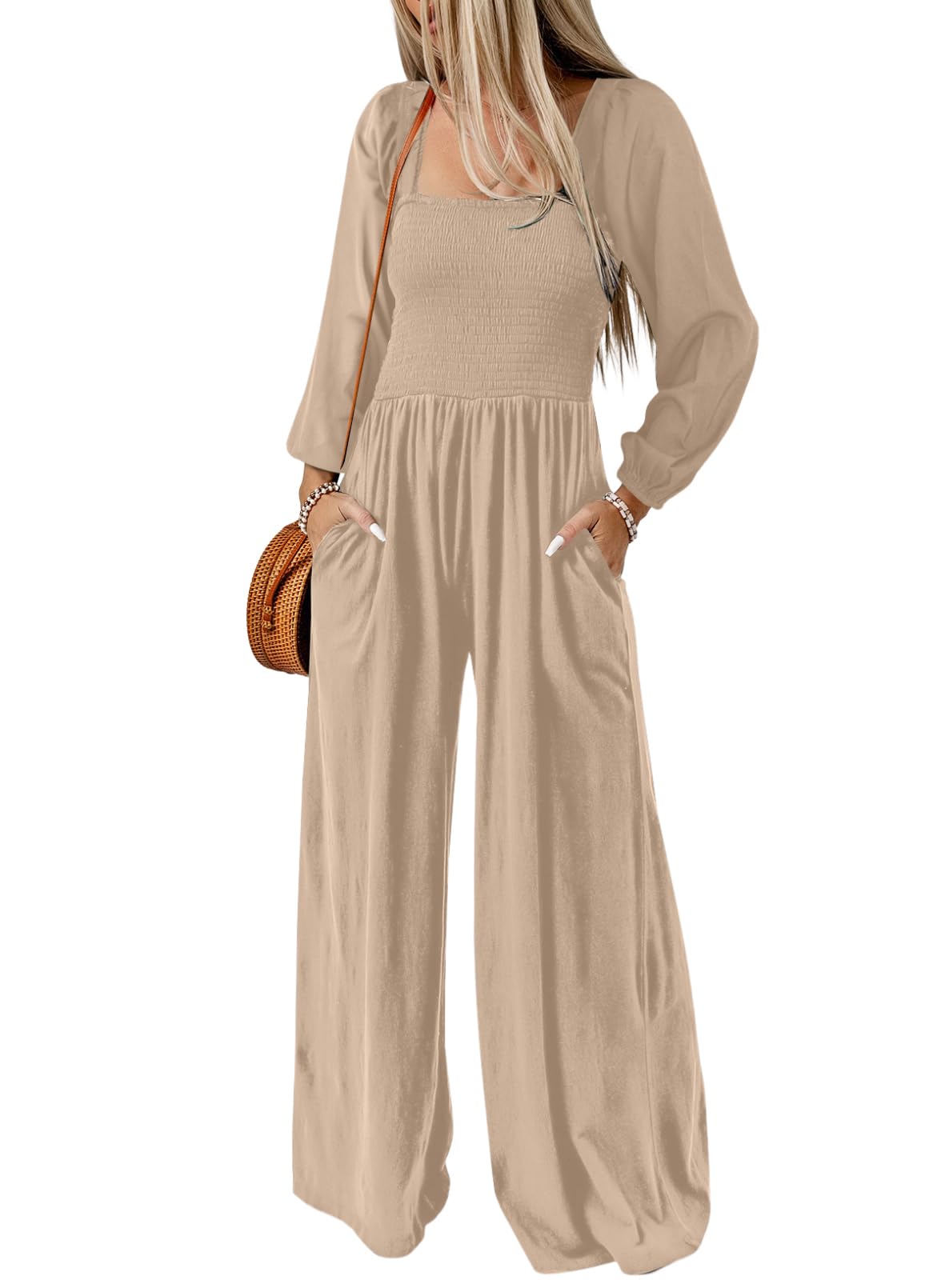 Dokotoo Women's Casual Loose Overalls Jumpsuits One Piece Long Sleeve Wide Leg Long Pant Rompers With Pockets