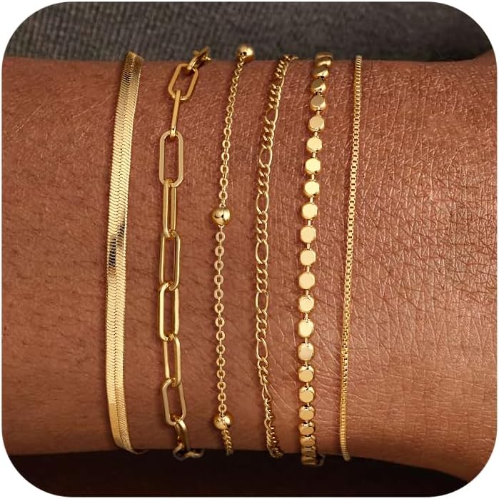 DEARMAY Waterproof Gold Bracelets Set for Women Trendy, Dainty 14K Real Gold Plated Jewelry Fashion Stackable Tennis Beaded Figaro Herringbone Paperclip Link Bracelet Pack Stack Gifts for Women