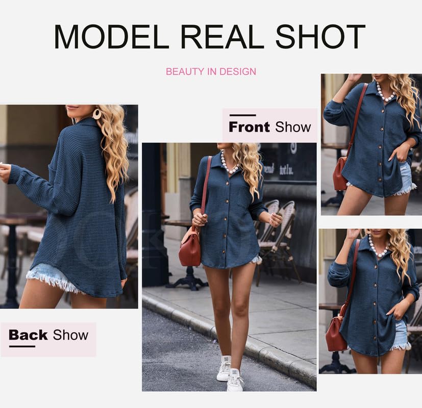 Dokotoo Womens Waffle Knit Shacket Jacket Casual Long Sleeve Button Down Shirts Dressy Blouses Tops