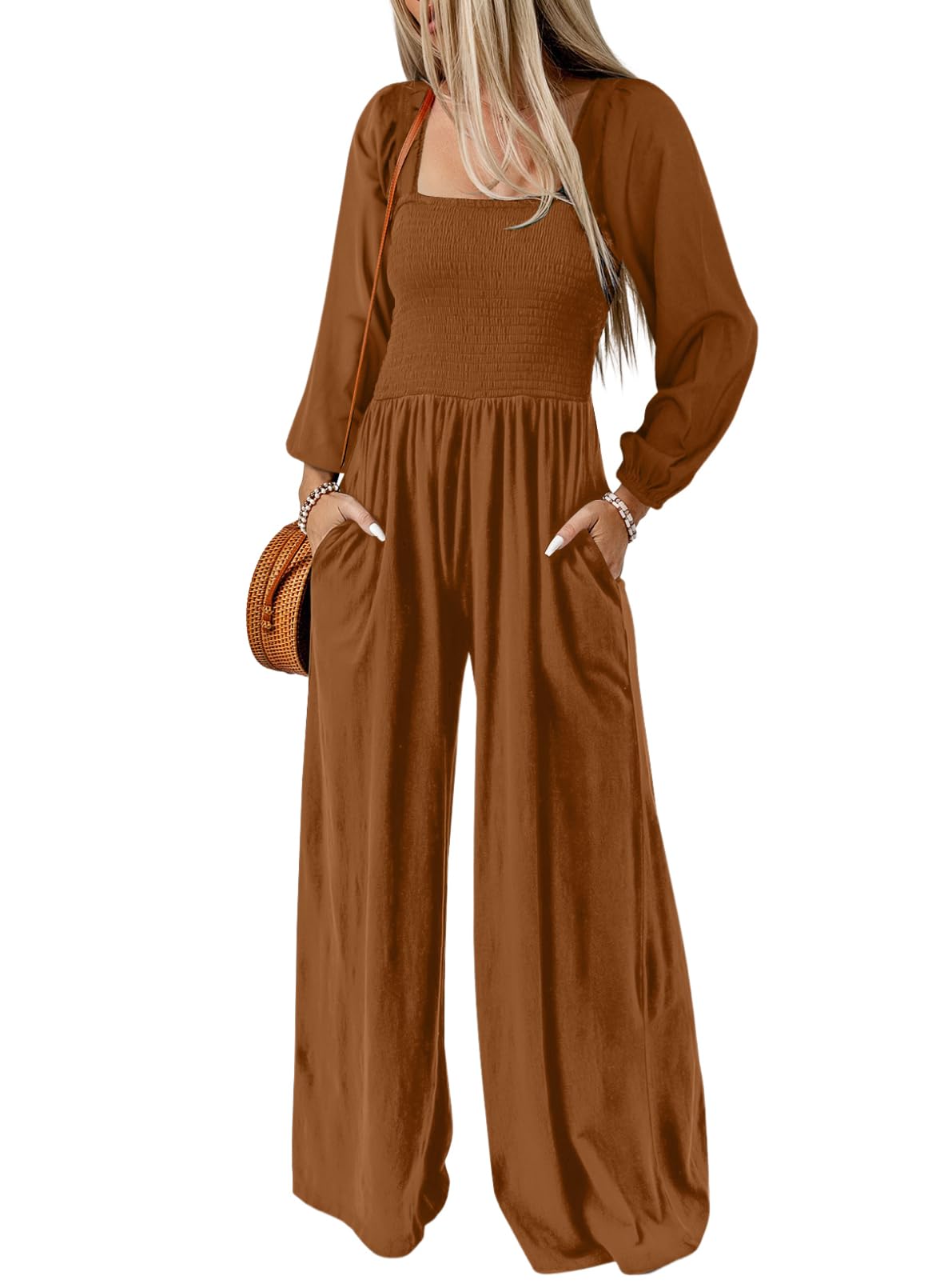 Dokotoo Women's Casual Loose Overalls Jumpsuits One Piece Long Sleeve Wide Leg Long Pant Rompers With Pockets