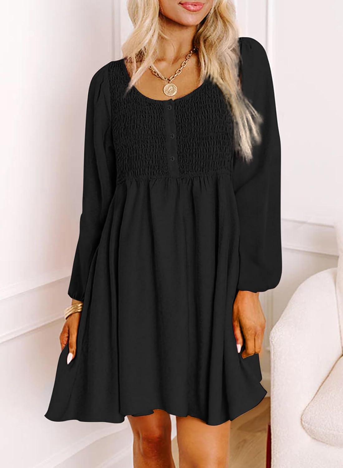 Dokotoo Womens 2025 Casual Dresses Smocked Crewneck Button Up Long Sleeve Empire Waist A-Line Mini Dress