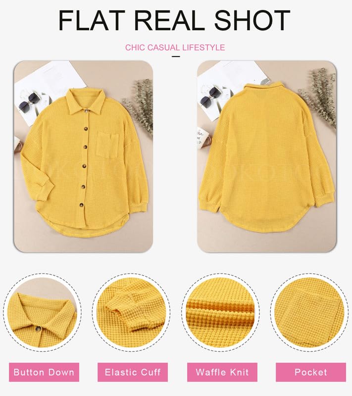 Dokotoo Womens Waffle Knit Shacket Jacket Casual Long Sleeve Button Down Shirts Dressy Blouses Tops