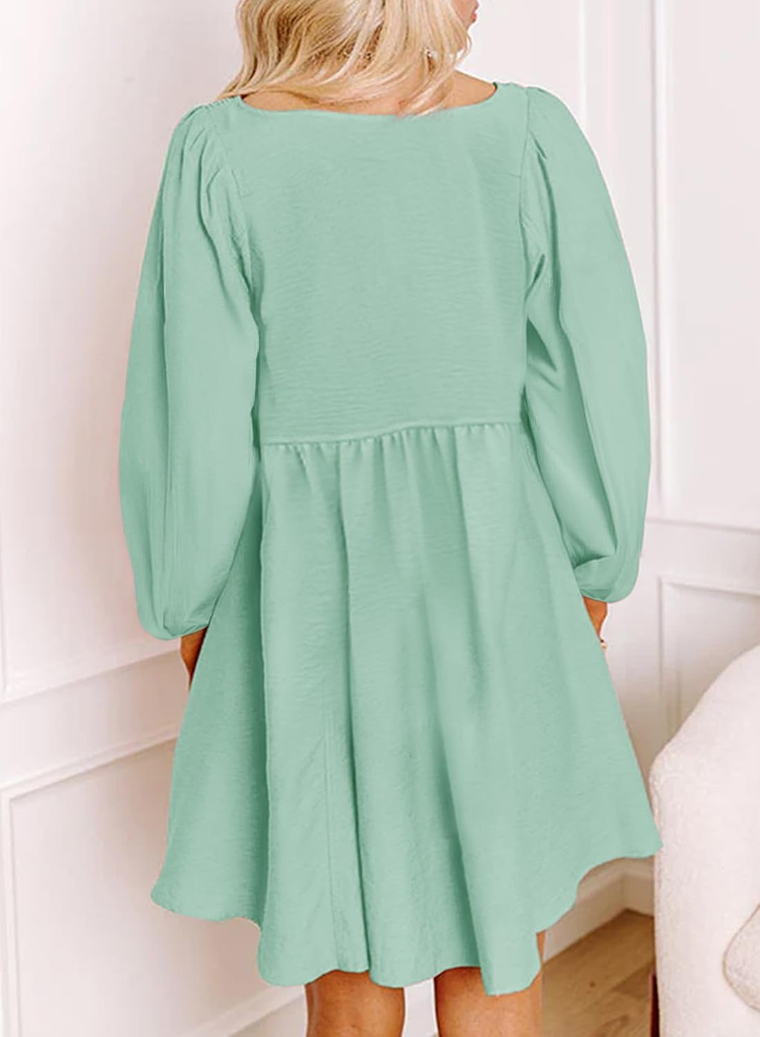 Dokotoo Womens 2025 Casual Dresses Smocked Crewneck Button Up Long Sleeve Empire Waist A-Line Mini Dress