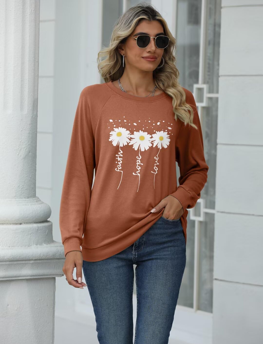 EADINVE Women Crewneck Daisy Print Long Sleeve Sweatshirts Faith-Hope-Love Graphic Tops Casual Loose Fit Pullover Shirts