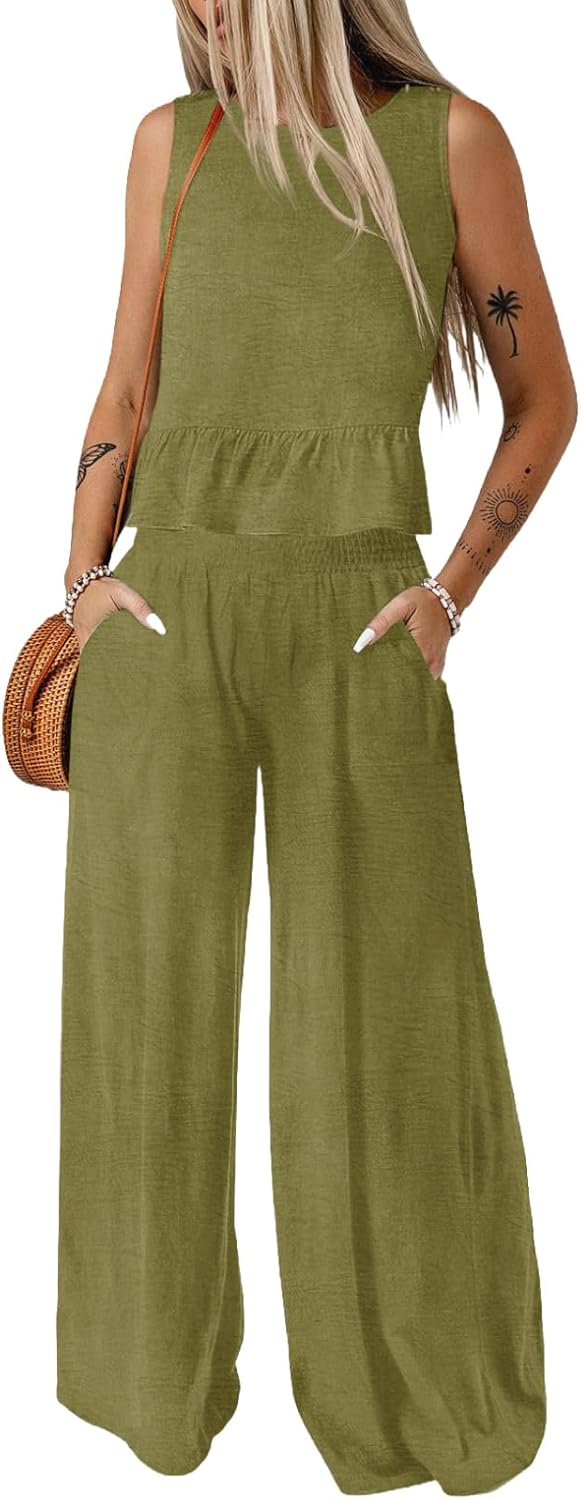 Dokotoo Pants Sets Women 2 Piece Outfits Sleeveless Round Neck Tank Tops Matching Sets for Women Elastic Waist Wide Leg