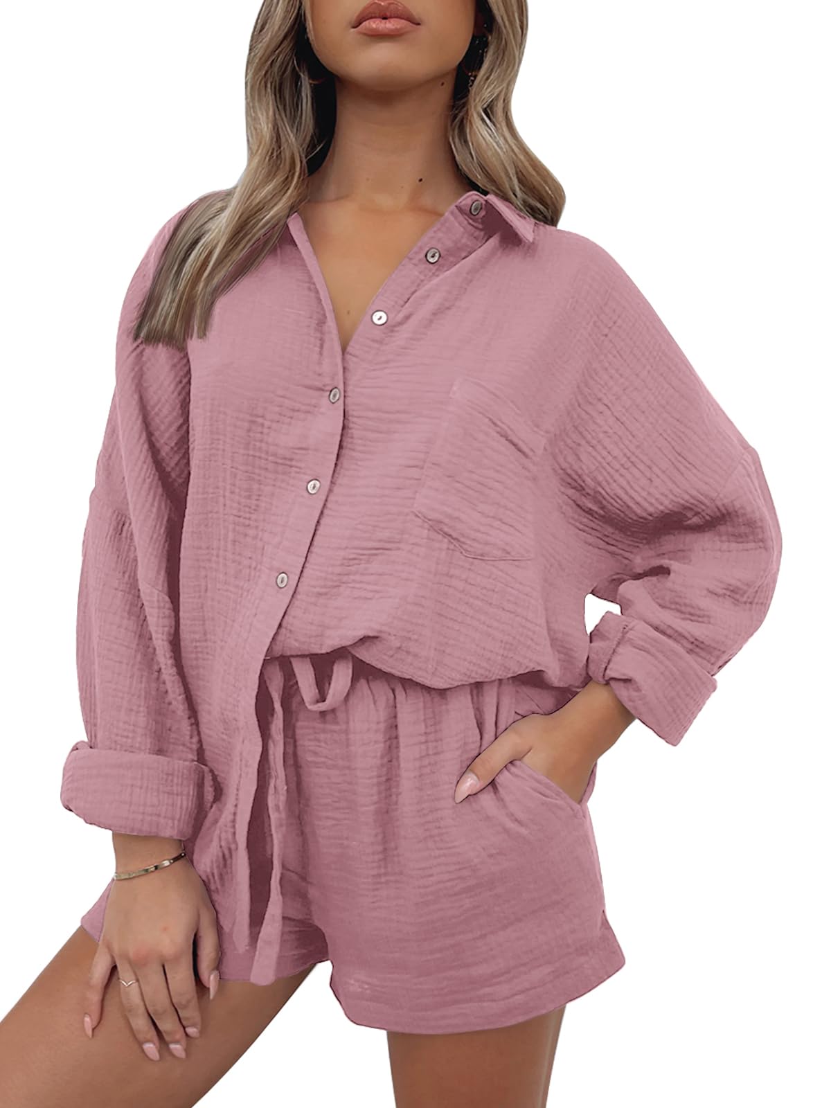 AUTOMET 2 Piece Sets For Women Lounge Wear Matching Two Piece Pajama Fashion Oversized Shirts And Shorts Spring Outfit 2025
