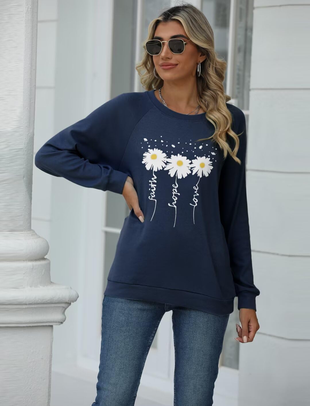EADINVE Women Crewneck Daisy Print Long Sleeve Sweatshirts Faith-Hope-Love Graphic Tops Casual Loose Fit Pullover Shirts