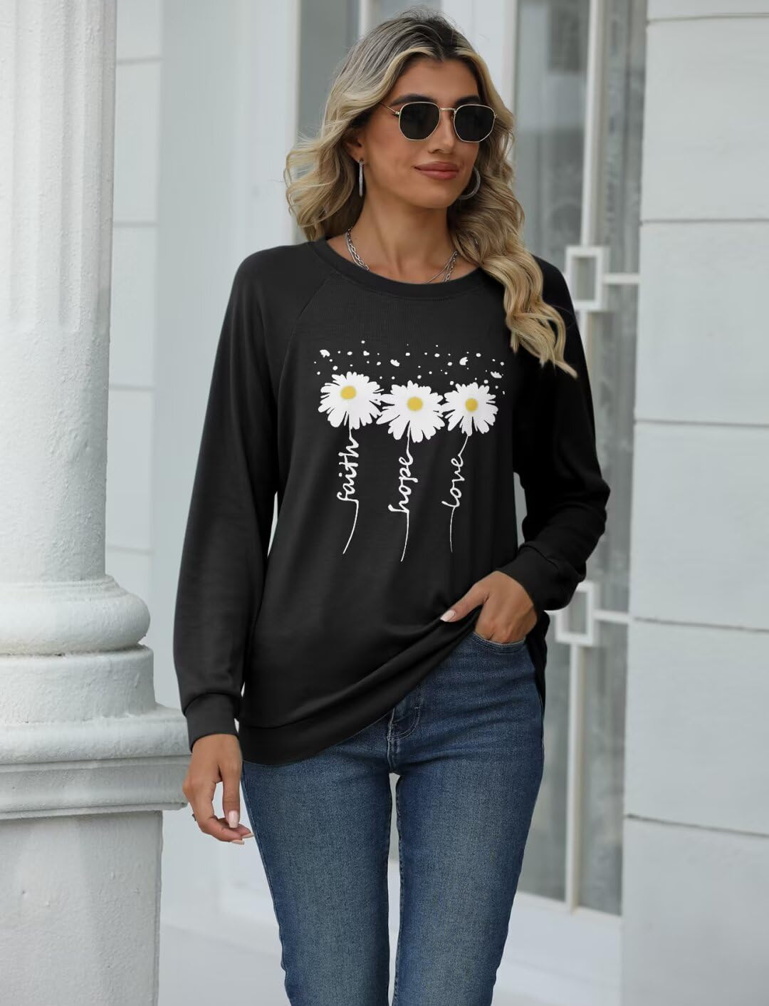 EADINVE Women Crewneck Daisy Print Long Sleeve Sweatshirts Faith-Hope-Love Graphic Tops Casual Loose Fit Pullover Shirts