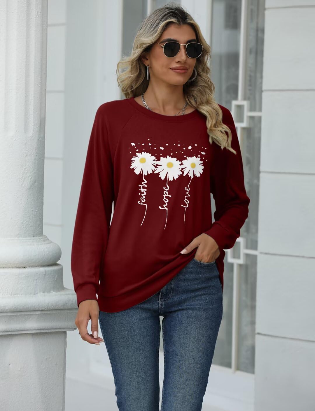 EADINVE Women Crewneck Daisy Print Long Sleeve Sweatshirts Faith-Hope-Love Graphic Tops Casual Loose Fit Pullover Shirts