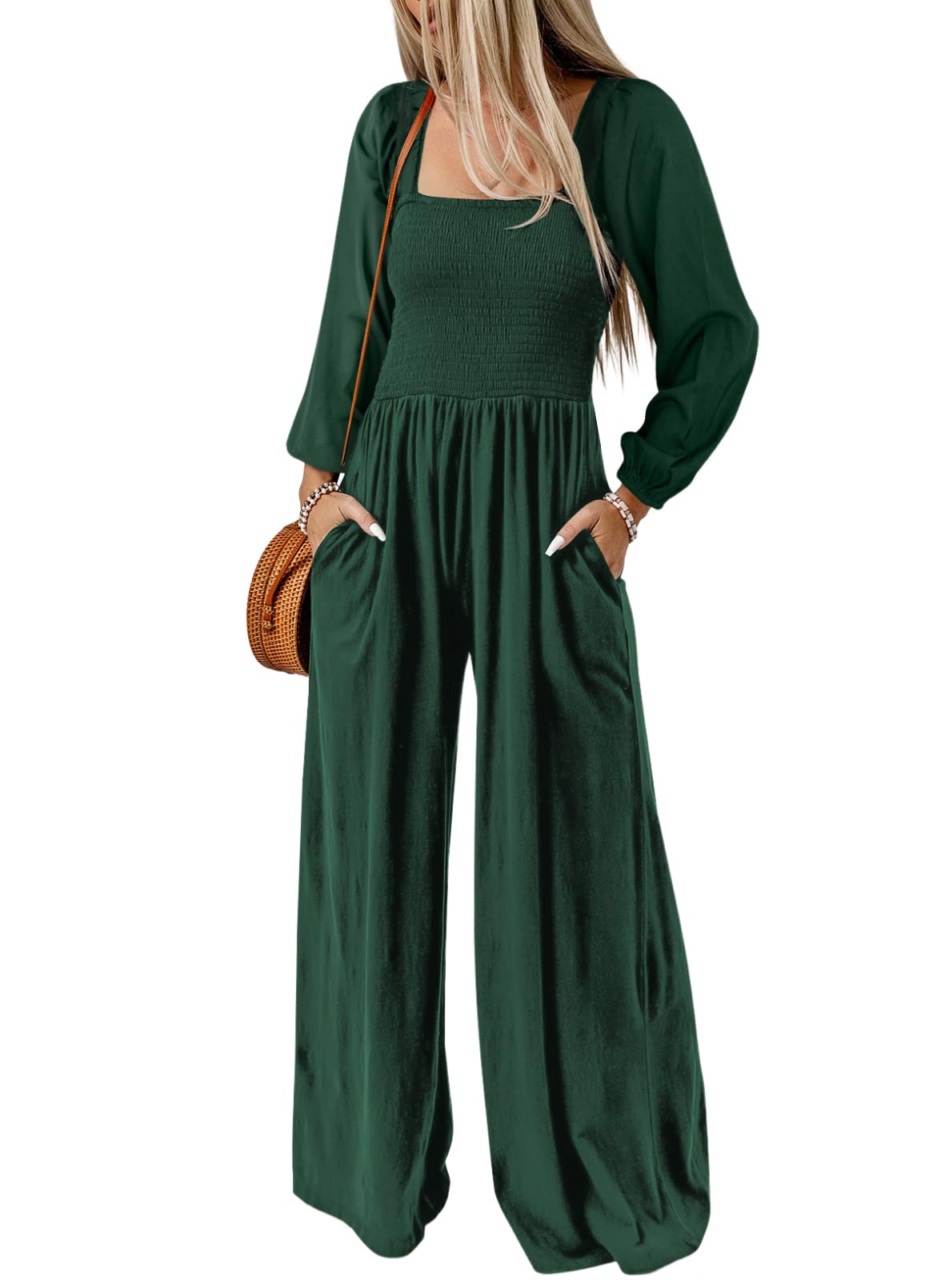 Dokotoo Women's Casual Loose Overalls Jumpsuits One Piece Long Sleeve Wide Leg Long Pant Rompers With Pockets