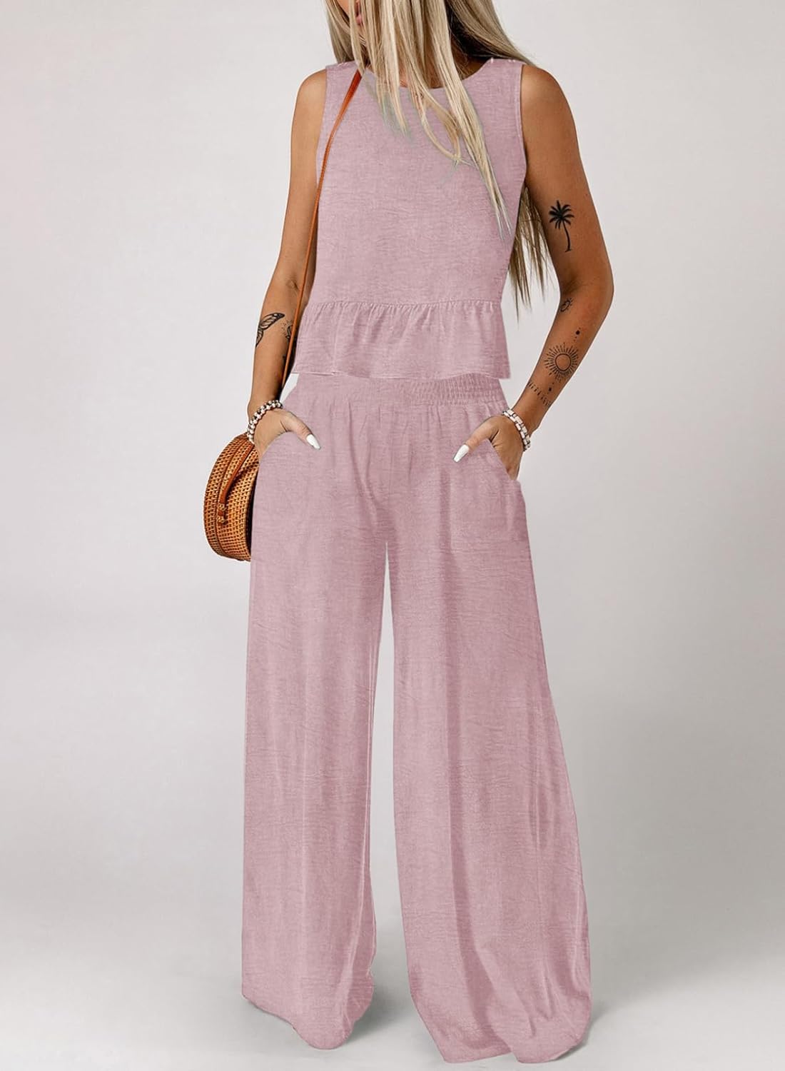 Dokotoo Pants Sets Women 2 Piece Outfits Sleeveless Round Neck Tank Tops Matching Sets for Women Elastic Waist Wide Leg