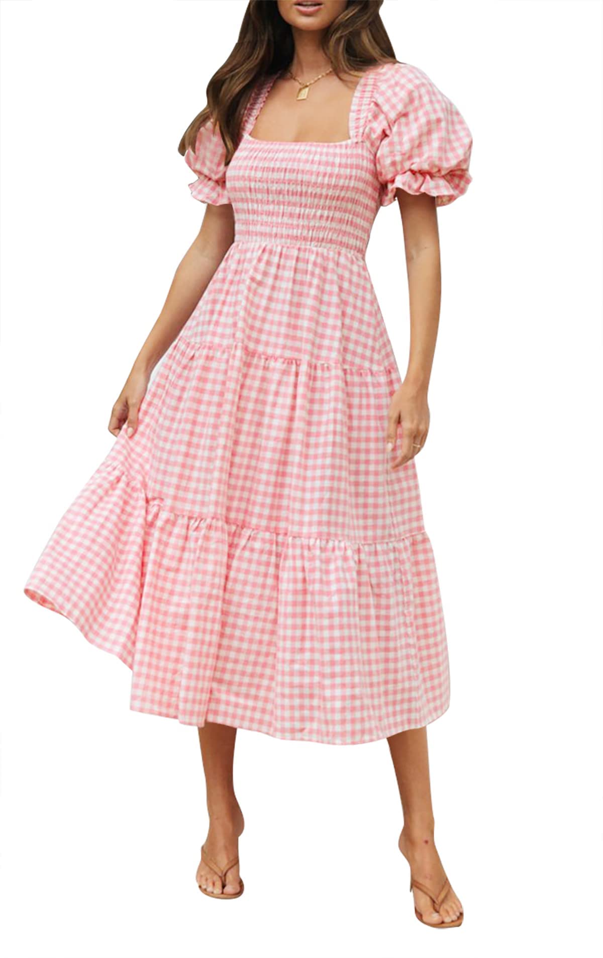 ZESICA Women's 2025 Bohemian Summer Plaid Square Neck Puff Sleeve Ruffle Flowy Beach Midi Dress