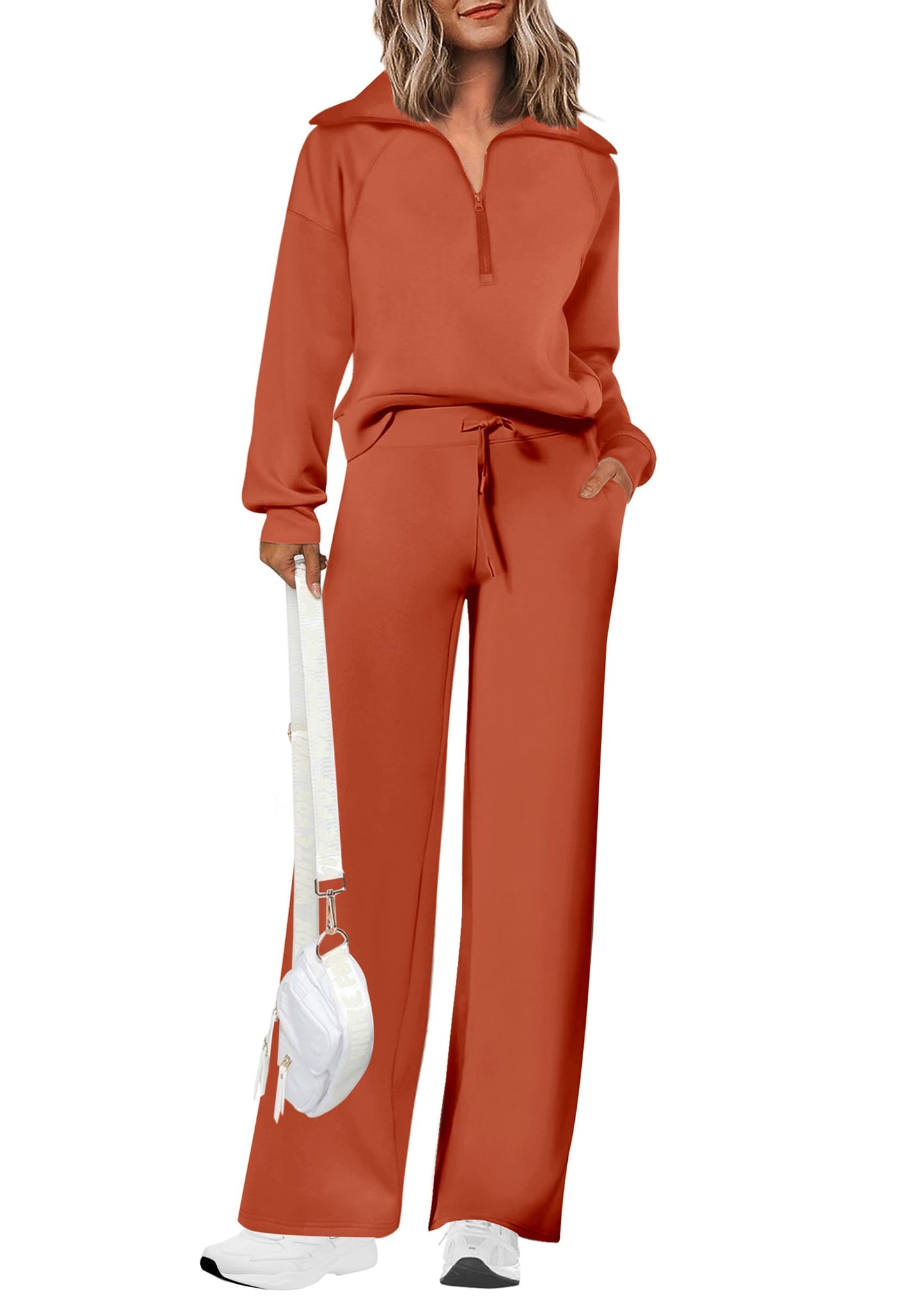 PRETTYGARDEN Women's 2 Piece Outfits Casual Lapel Half Zip Sweatshirts And Wide Leg Pants Tracksuit Sets