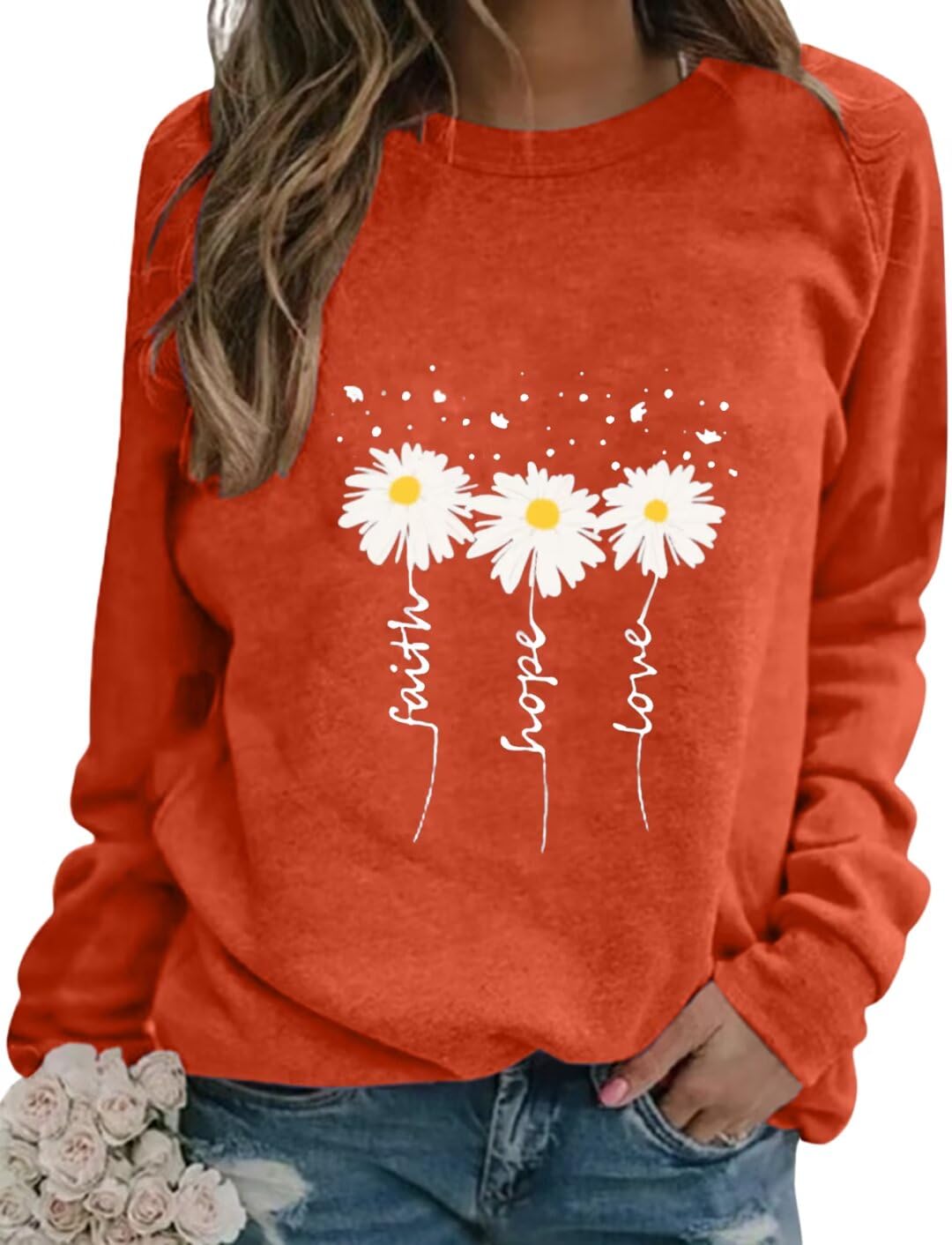 EADINVE Women Crewneck Daisy Print Long Sleeve Sweatshirts Faith-Hope-Love Graphic Tops Casual Loose Fit Pullover Shirts