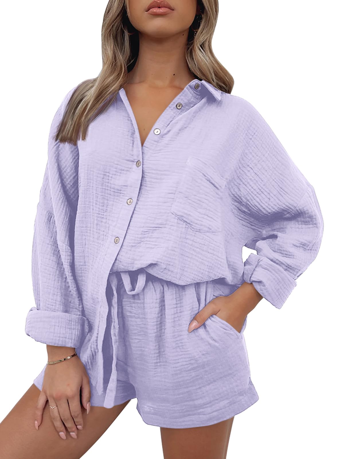 AUTOMET 2 Piece Sets For Women Lounge Wear Matching Two Piece Pajama Fashion Oversized Shirts And Shorts Spring Outfit 2025