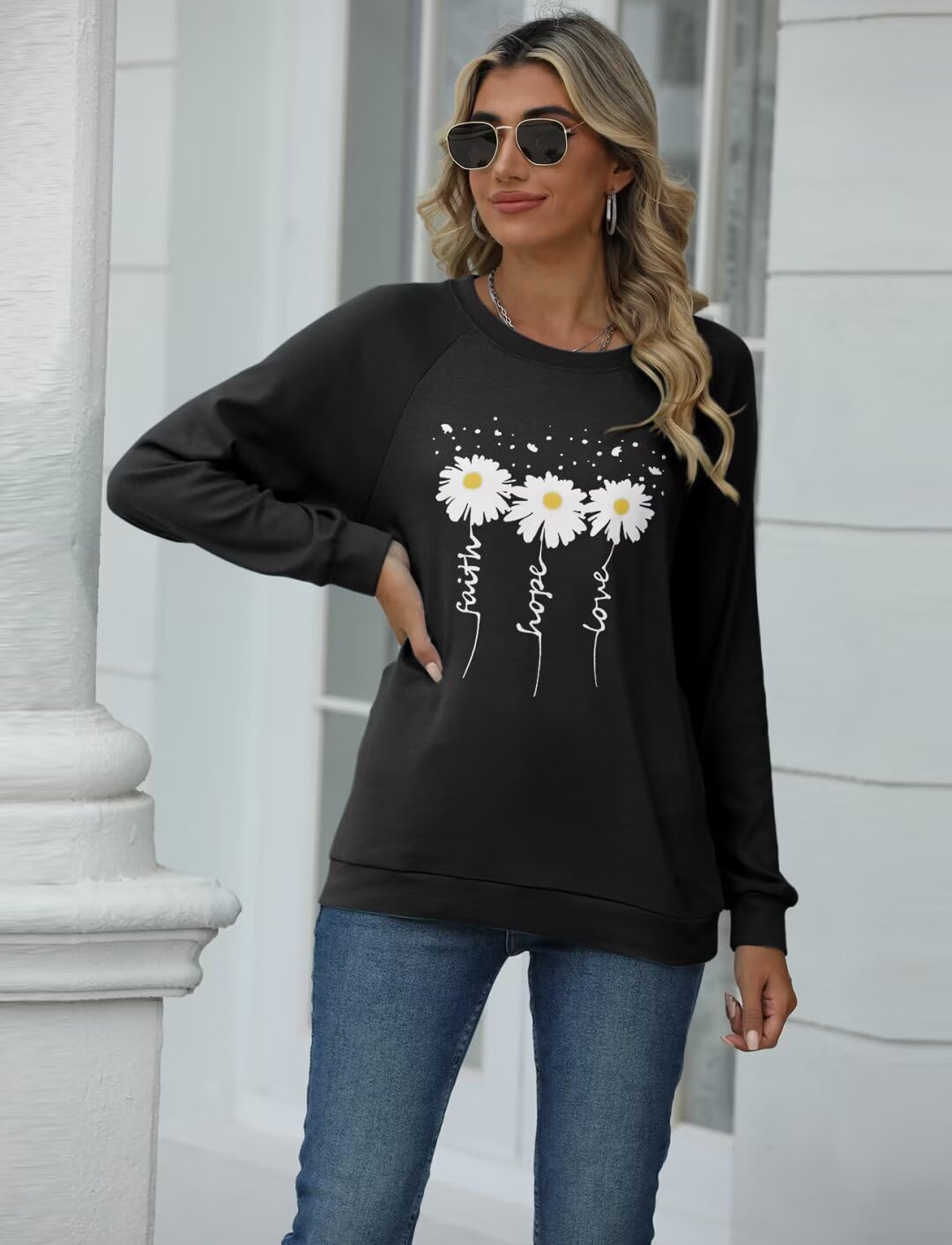 EADINVE Women Crewneck Daisy Print Long Sleeve Sweatshirts Faith-Hope-Love Graphic Tops Casual Loose Fit Pullover Shirts