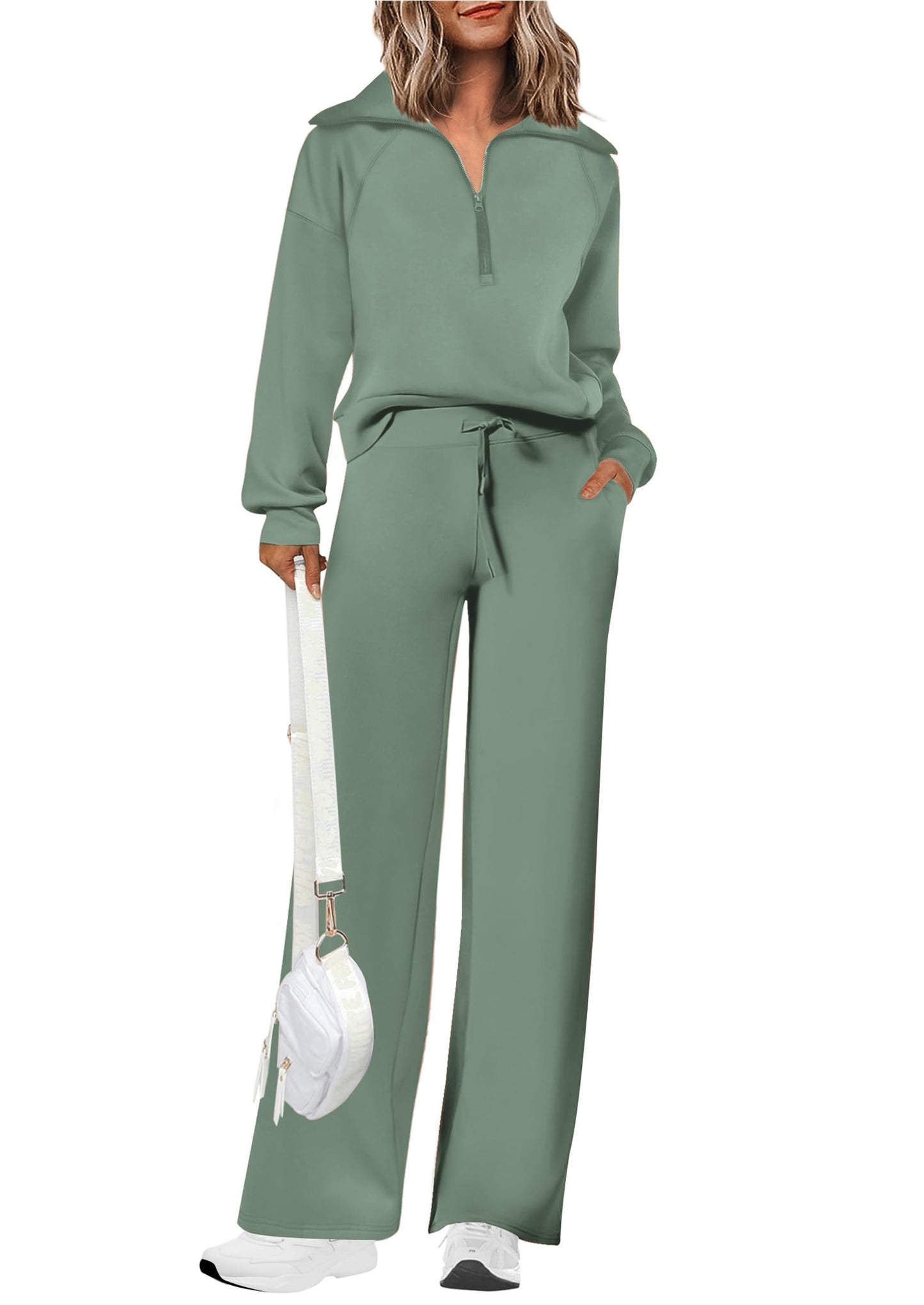 PRETTYGARDEN Women's 2 Piece Outfits Casual Lapel Half Zip Sweatshirts And Wide Leg Pants Tracksuit Sets