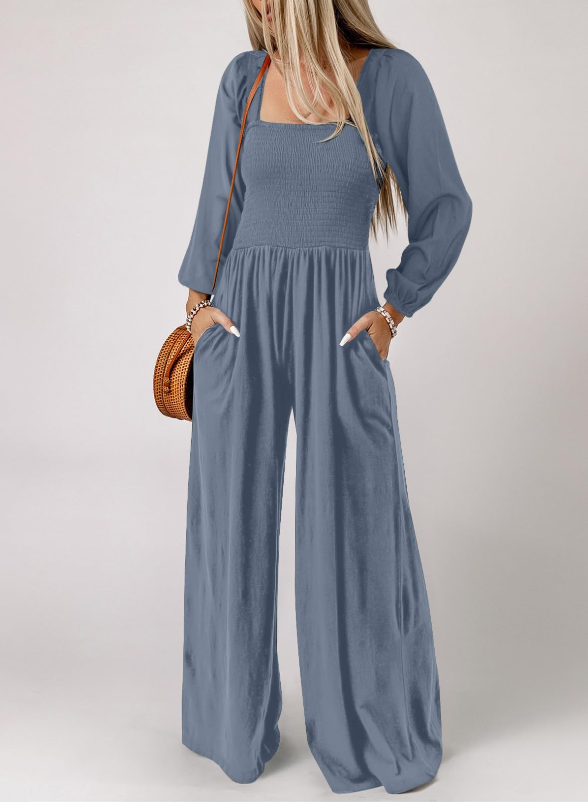 Dokotoo Women's Casual Loose Overalls Jumpsuits One Piece Long Sleeve Wide Leg Long Pant Rompers With Pockets