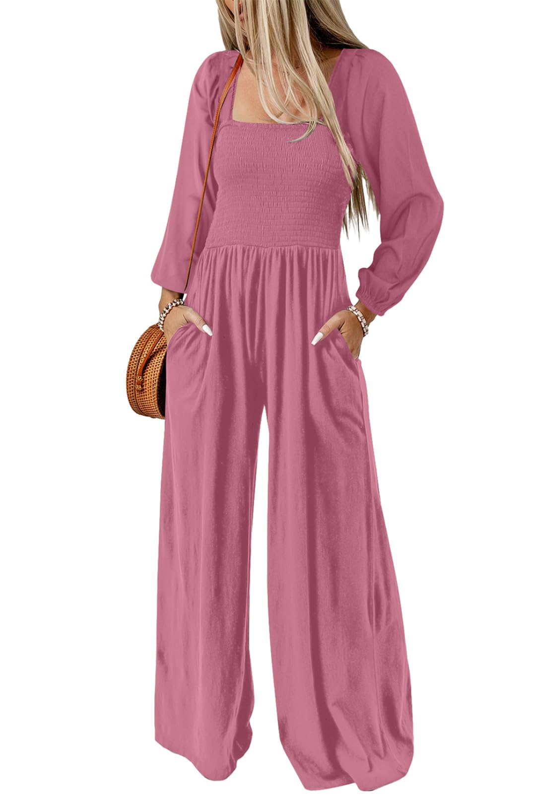 Dokotoo Women's Casual Loose Overalls Jumpsuits One Piece Long Sleeve Wide Leg Long Pant Rompers With Pockets
