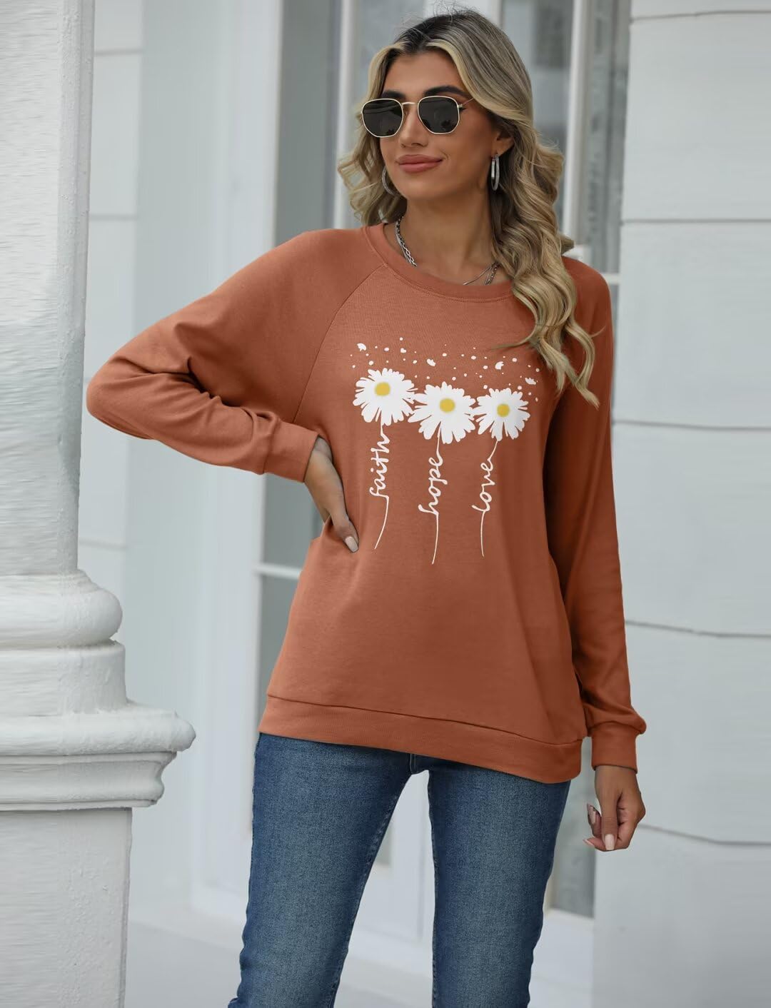 EADINVE Women Crewneck Daisy Print Long Sleeve Sweatshirts Faith-Hope-Love Graphic Tops Casual Loose Fit Pullover Shirts