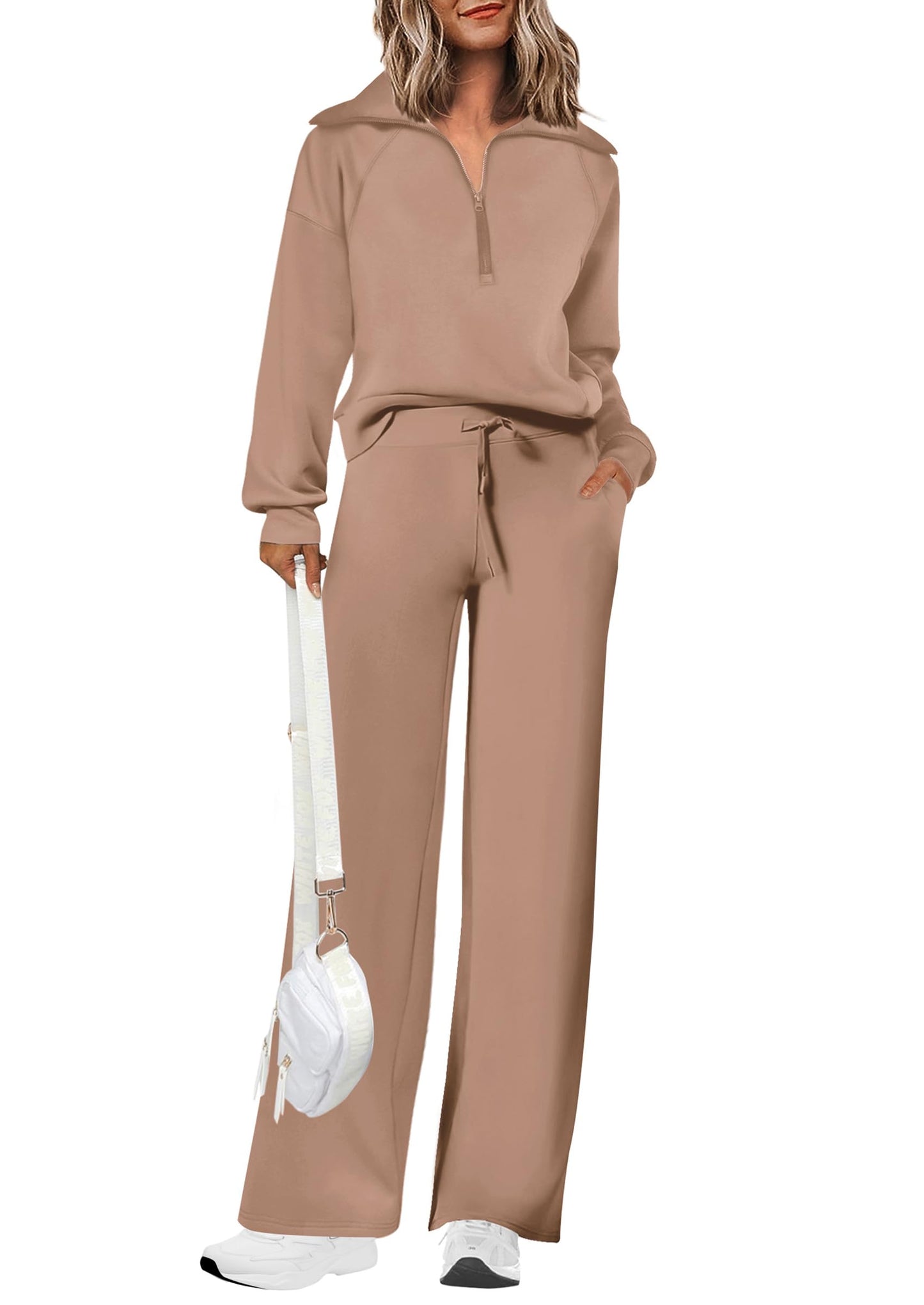 PRETTYGARDEN Women's 2 Piece Outfits Casual Lapel Half Zip Sweatshirts And Wide Leg Pants Tracksuit Sets