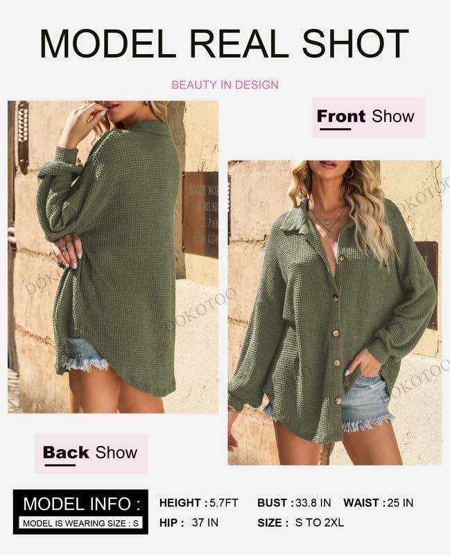 Dokotoo Womens Waffle Knit Shacket Jacket Casual Long Sleeve Button Down Shirts Dressy Blouses Tops