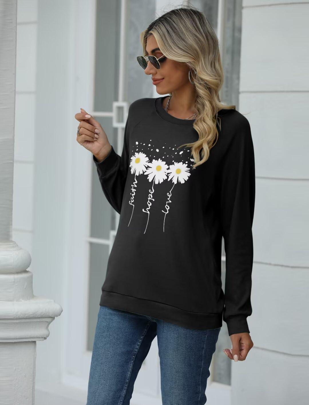 EADINVE Women Crewneck Daisy Print Long Sleeve Sweatshirts Faith-Hope-Love Graphic Tops Casual Loose Fit Pullover Shirts