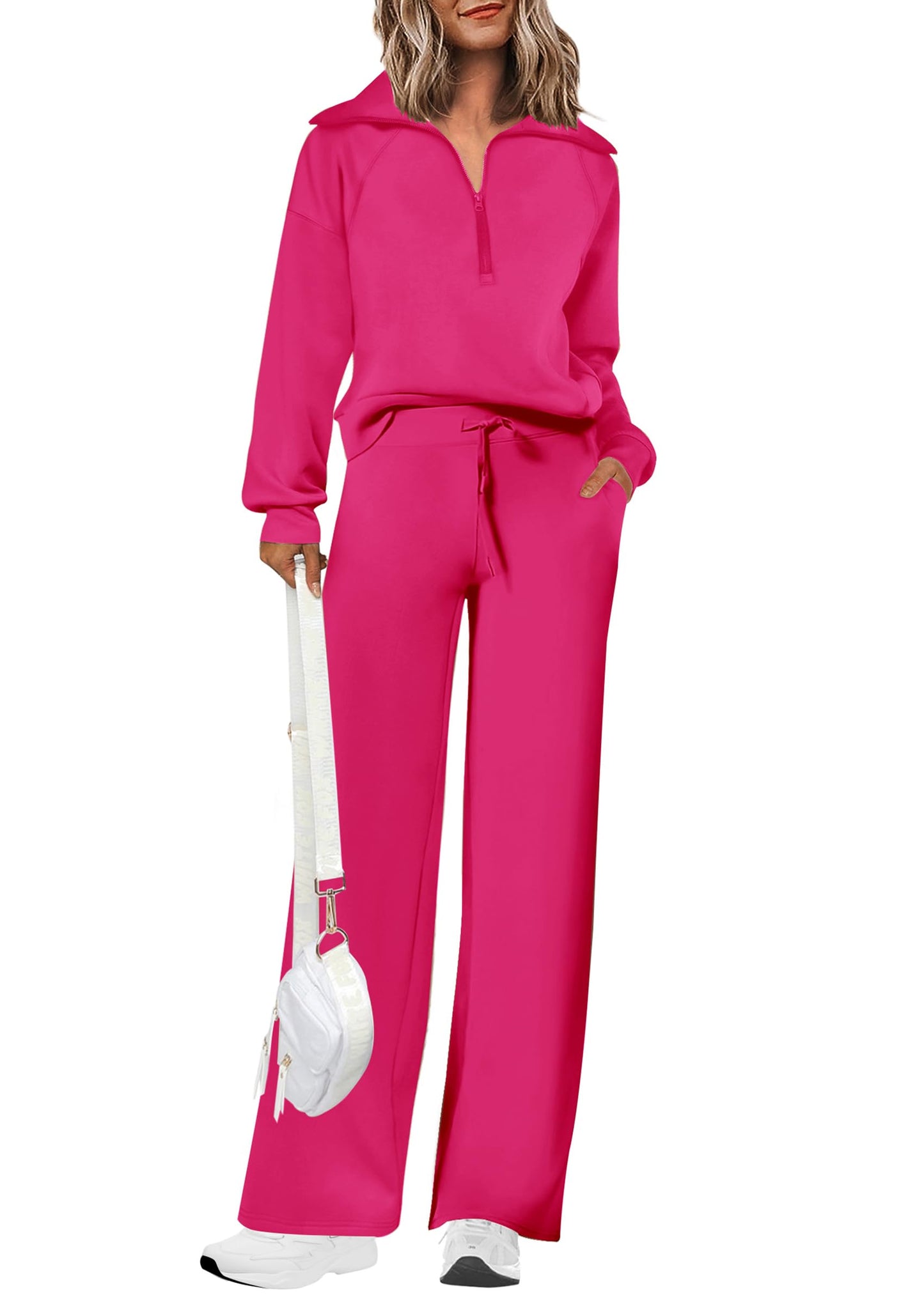 PRETTYGARDEN Women's 2 Piece Outfits Casual Lapel Half Zip Sweatshirts And Wide Leg Pants Tracksuit Sets