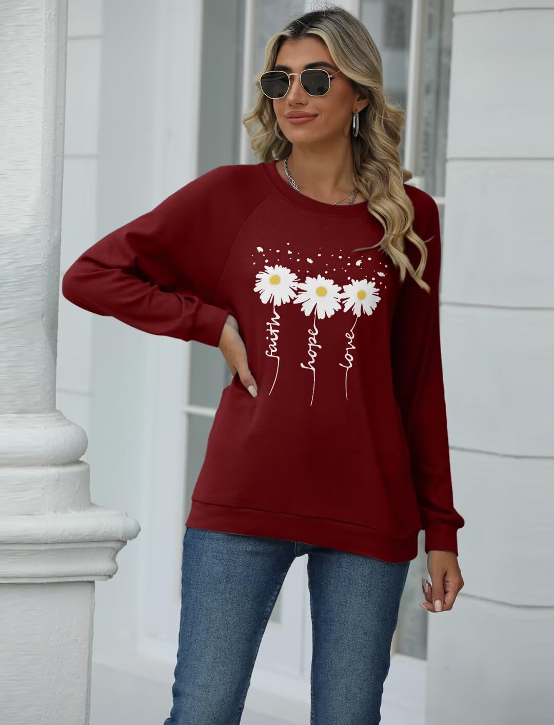 EADINVE Women Crewneck Daisy Print Long Sleeve Sweatshirts Faith-Hope-Love Graphic Tops Casual Loose Fit Pullover Shirts