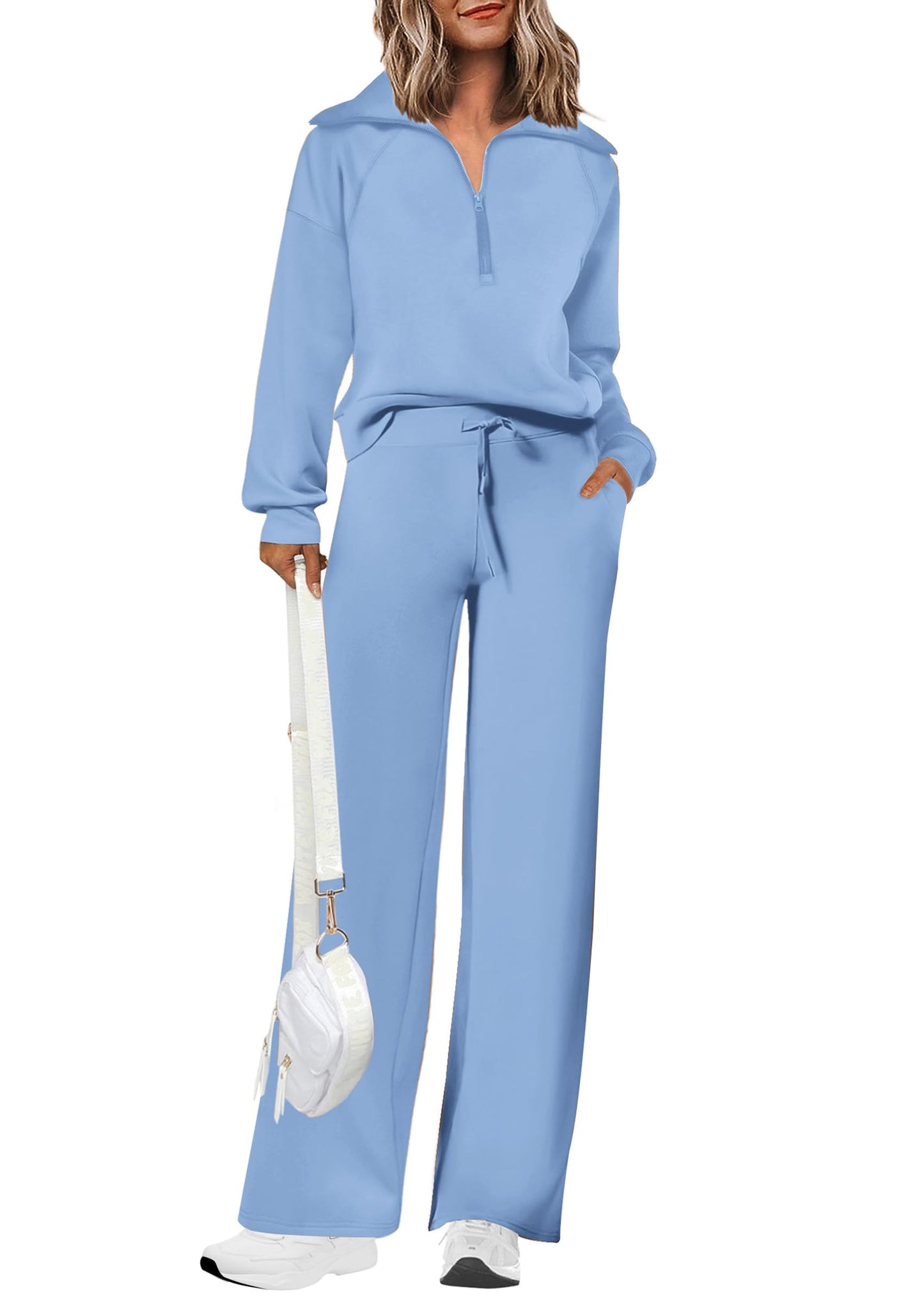 PRETTYGARDEN Women's 2 Piece Outfits Casual Lapel Half Zip Sweatshirts And Wide Leg Pants Tracksuit Sets