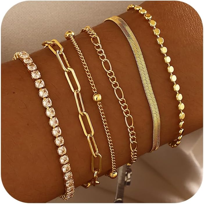 DEARMAY Waterproof Gold Bracelets Set for Women Trendy, Dainty 14K Real Gold Plated Jewelry Fashion Stackable Tennis Beaded Figaro Herringbone Paperclip Link Bracelet Pack Stack Gifts for Women